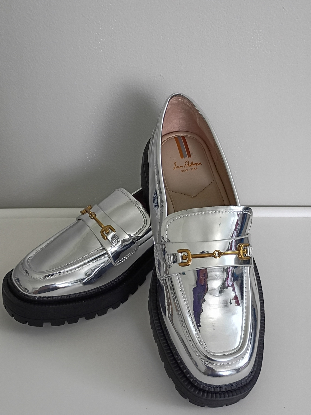 Sam Edelman Silver Metallic Lug-Soled Penny Loafers